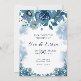 Moody Navy Blue Smoke Floral Invitation 招待状
