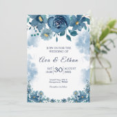 Moody Navy Blue Smoke Floral Invitation 招待状 (スタンド正面)