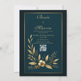Moody Navy Gold Botanical Wedding 招待状