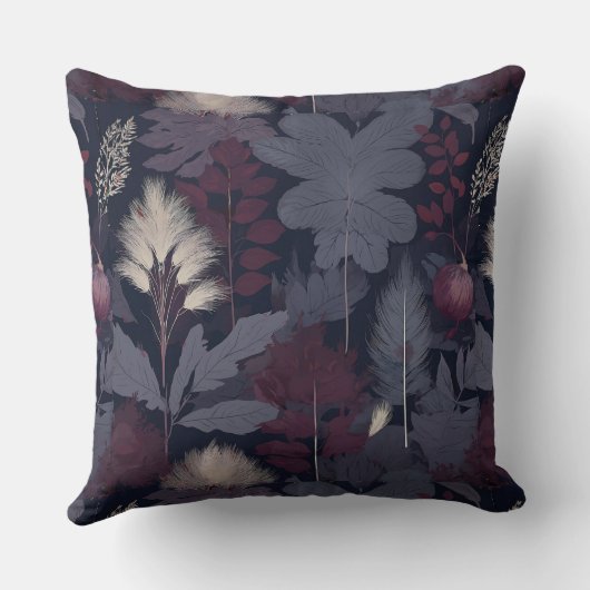 Moody Plum Fig & Pampas Grass Pattern Throw Pillow クッション (裏面)