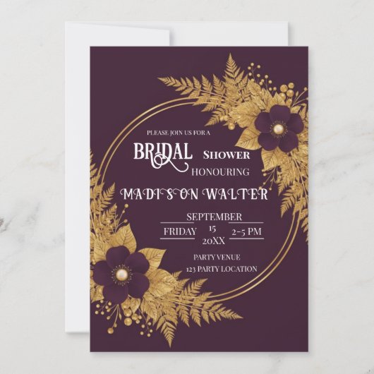 Moody Plum & Gold Botanical Bridal Shower Invite 招待状 (正面)