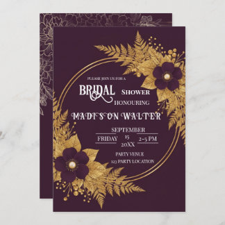 Moody Plum & Gold Botanical Bridal Shower Invite 招待状