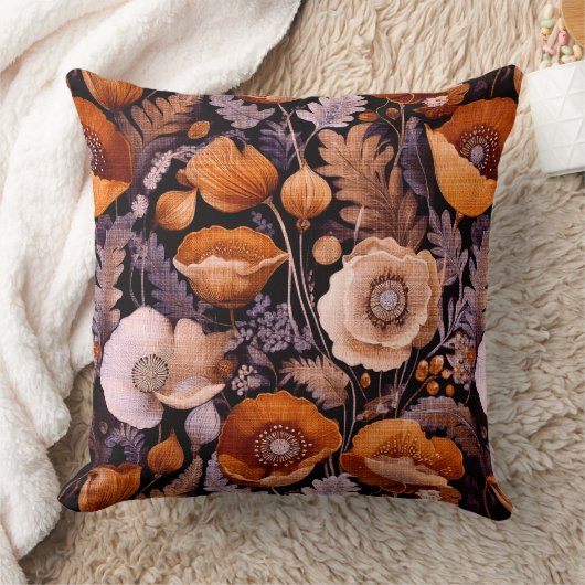 Moody poppies on black pattern クッション (ブランケット)