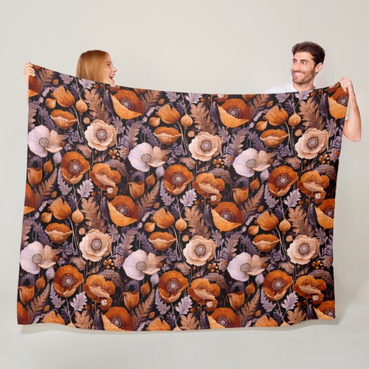 Moody poppies on black pattern フリースブランケット (インサイチュ)