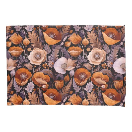 Moody poppies on black pattern 枕カバー (正面左)