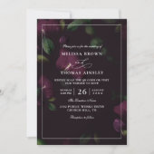 Moody Purple Blooms Budget QR Code Wedding 招待状 (正面)