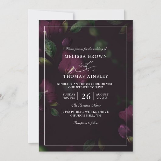 Moody Purple Blooms Budget QR Code Wedding 招待状 (正面)