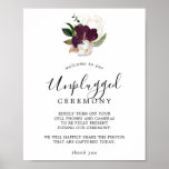 Moody Purple Blooms Unplugged Ceremony Sign ポスター<br><div class="desc">This moody purple blooms unplugged ceremony sign is perfect for a modern wedding. The elegant floral design features dark plum purple and white tulip flowers with emerald green leaves and gold leaf accents.</div>