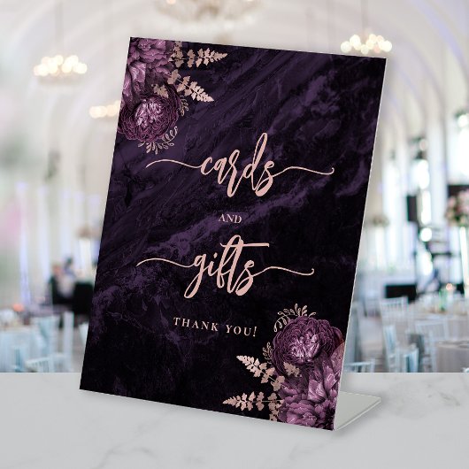 Moody Purple Rose Gold Floral Wedding Cards Gifts 台座サイン