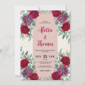 Moody Red and Plum Purple Floral Wedding 招待状 (正面)