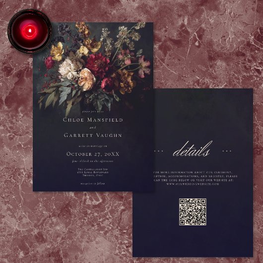 Moody Romantic Dark Floral Gothic QR Code Wedding 招待状
