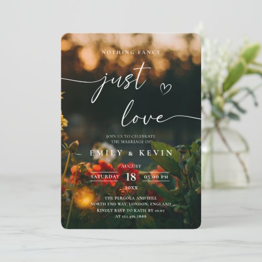 Moody Romantic Script Floral Photo Wedding  招待状 (スタンド正面)