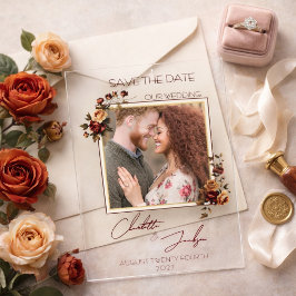 Moody Rust Rose Photo Autumn Wedding Save the Date アクリル招待状