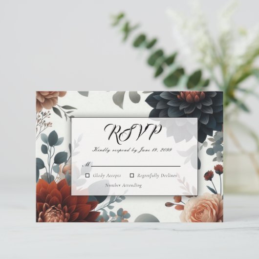 Moody Rustic Fall Florals Wedding 出欠カード (スタンド正面)