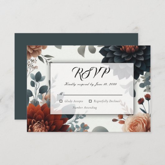 Moody Rustic Fall Florals Wedding 出欠カード (正面/裏面)