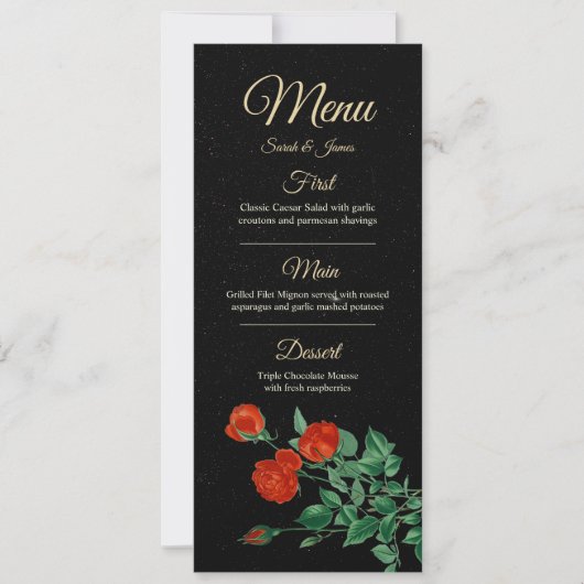 Moody Starry Night Crimson Roses Wedding Menu Card 招待状 (正面)