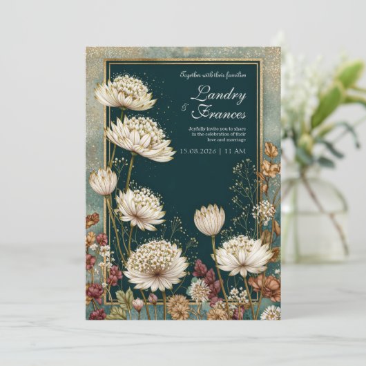 Moody Teal Gilded Astrantia Wedding 招待状 (スタンド正面)