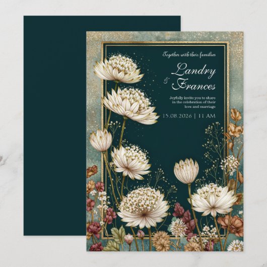Moody Teal Gilded Astrantia Wedding 招待状 (正面/裏面)