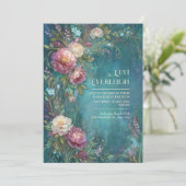 Moody Teal Watercolor Romantic Peony Wedding 招待状 (スタンド正面)