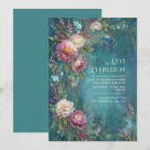Moody Teal Watercolor Romantic Peony Wedding 招待状 (正面/裏面)