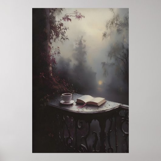 Moody Victorian Balcony Art with Open Book and Tea ポスター (正面)