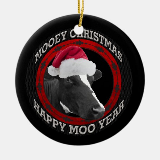 Mooeyのクリスマス幸せなMoo年のサンタの帽子牛 セラミックオーナメント (正面)