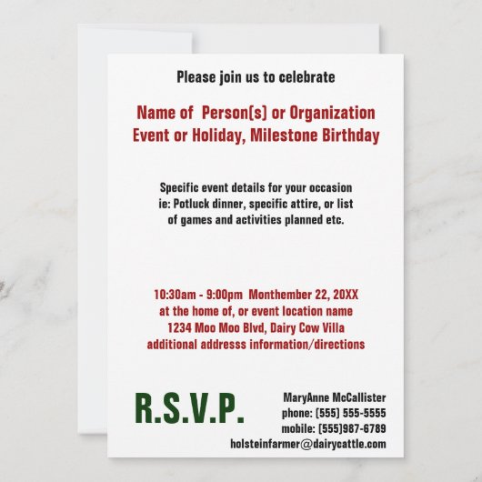 Mooeyのメリークリスマスのトナカイ牛 招待状 (裏面)