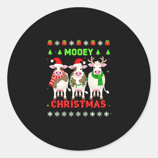 Mooey Christmas Cow Christmas Ugly Sweater Pajama  ラウンドシール (正面)