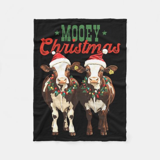 Mooey Christmas Cow With Santa Hats Xmas Lights Me フリースブランケット (正面)
