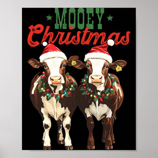 Mooey Christmas Cow With Santa Hats Xmas Lights Me ポスター (正面)