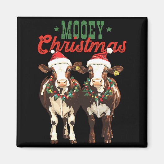 Mooey Christmas Cow With Santa Hats Xmas Lights Me マグネット (正面)