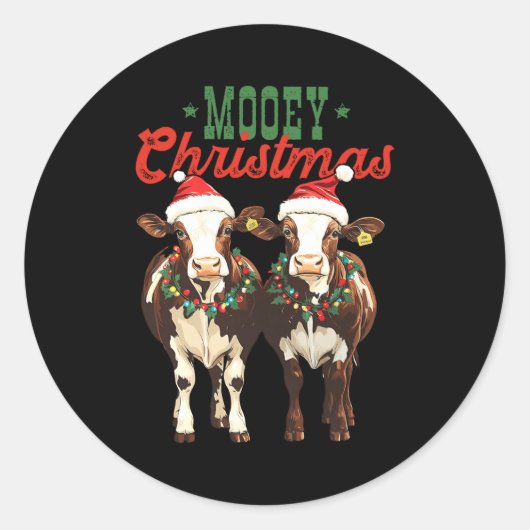 Mooey Christmas Cow With Santa Hats Xmas Lights Me ラウンドシール (正面)