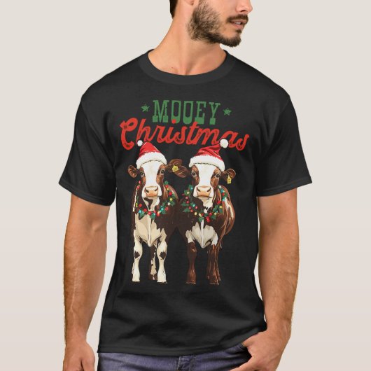 Mooey Christmas Cow With Santa Hats Xmas Lights Me Tシャツ (正面)