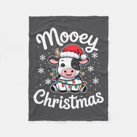 Mooey Christmas Cute Cow With Santa Hat And Holida フリースブランケット (正面)