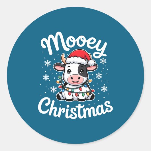 Mooey Christmas Cute Cow With Santa Hat And Holida ラウンドシール (正面)
