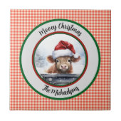 Mooey Christmas Funny Highland Cow Red Gingham  タイル (正面)