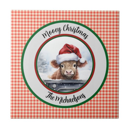 Mooey Christmas Funny Highland Cow Red Gingham  タイル (正面)