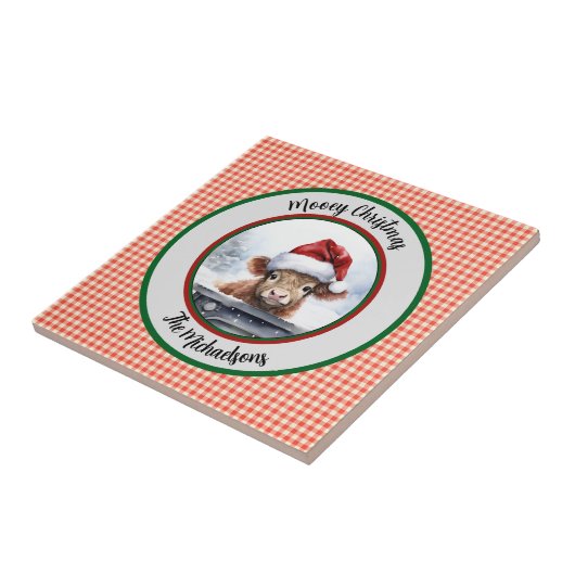 Mooey Christmas Funny Highland Cow Red Gingham  タイル (側面)
