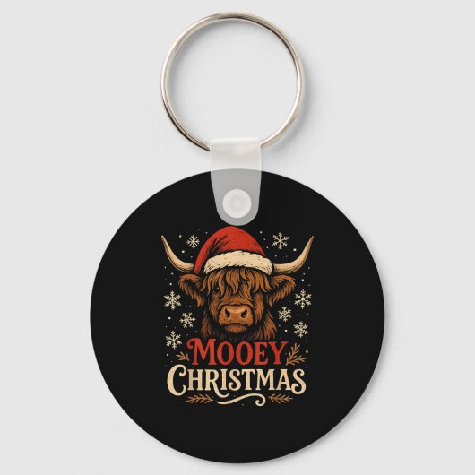 Mooey Christmas Highland Cow Funny Santa Hat Desig キーホルダー (正面)