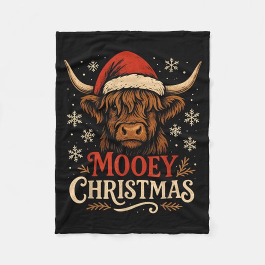 Mooey Christmas Highland Cow Funny Santa Hat Desig フリースブランケット (正面)