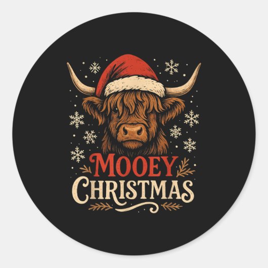 Mooey Christmas Highland Cow Funny Santa Hat Desig ラウンドシール (正面)