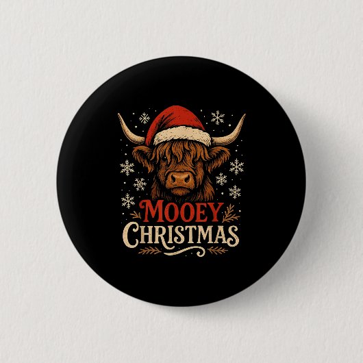 Mooey Christmas Highland Cow Funny Santa Hat Desig 缶バッジ (正面)