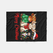 Mooey Christmas Lights Santa Hat Xmas Highland Cow フリースブランケット (正面(横))