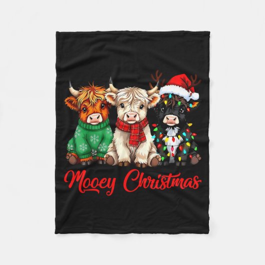 Mooey Christmas Lights Santa Hat Xmas Highland Cow フリースブランケット (正面)