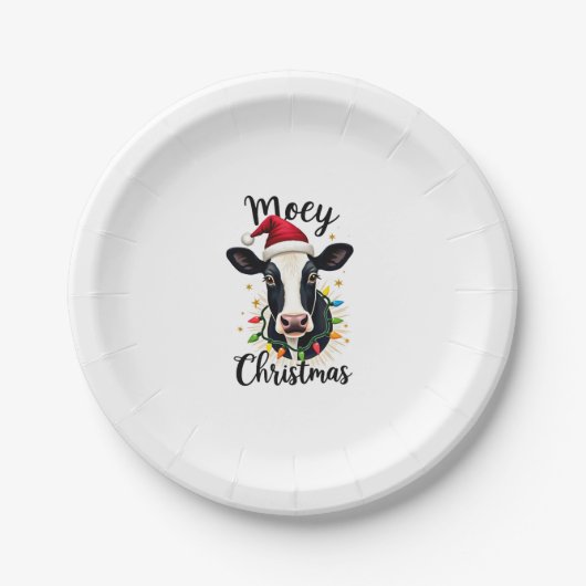 Mooey Christmas Santa Christmas Lights Cow Lovers  ペーパープレート (正面)