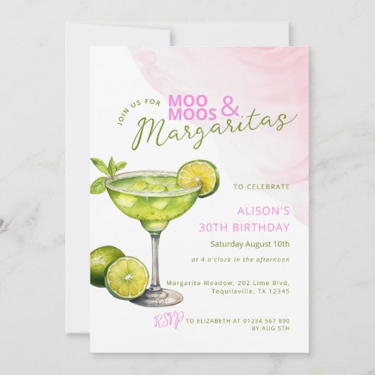 MooMoos & Margaritas Pink Birthday Party 招待状 (正面)