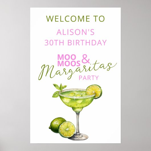 MooMoos & Margaritas Pink Birthday Welcome Sign ポスター (正面)