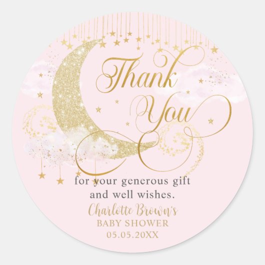 Moon and Stars Pastel Pink Baby Shower Thank You ラウンドシール (正面)