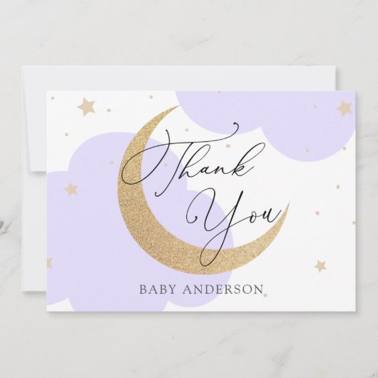 Moon and Stars Purple Baby Shower Thank You サンキューカード (正面)