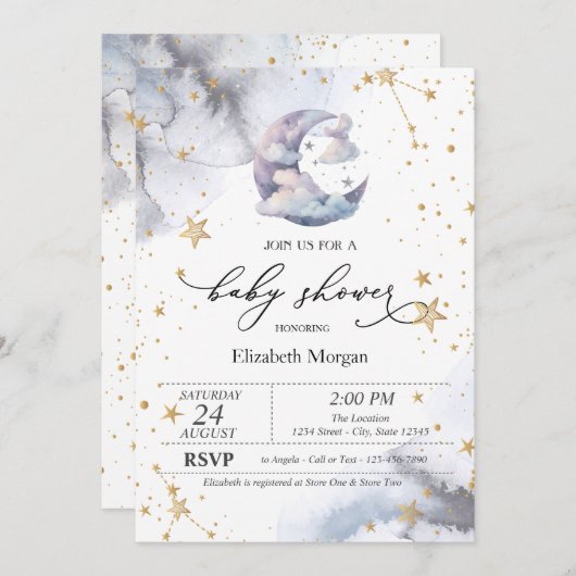 Moon Clouds Stars Baby Shower 招待状 (正面/裏面)